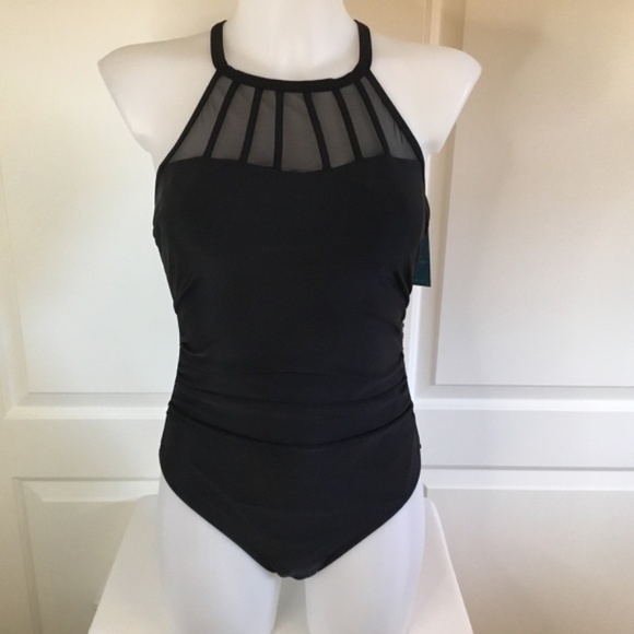 Women’s Black Keyhole Mesh Halter Ruched Monokini Bathing Suits - Picture 3 of 7